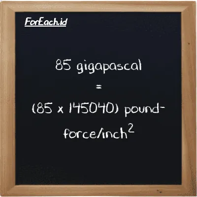 How to convert gigapascal to pound-force/inch<sup>2</sup>: 85 gigapascal (GPa) is equivalent to 85 times 145040 pound-force/inch<sup>2</sup> (lbf/in<sup>2</sup>)